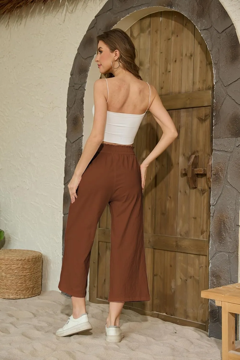 Womens Linen Pants Wide Leg High Waisted Drawstring Casual Loose Beach Pants with Pockets