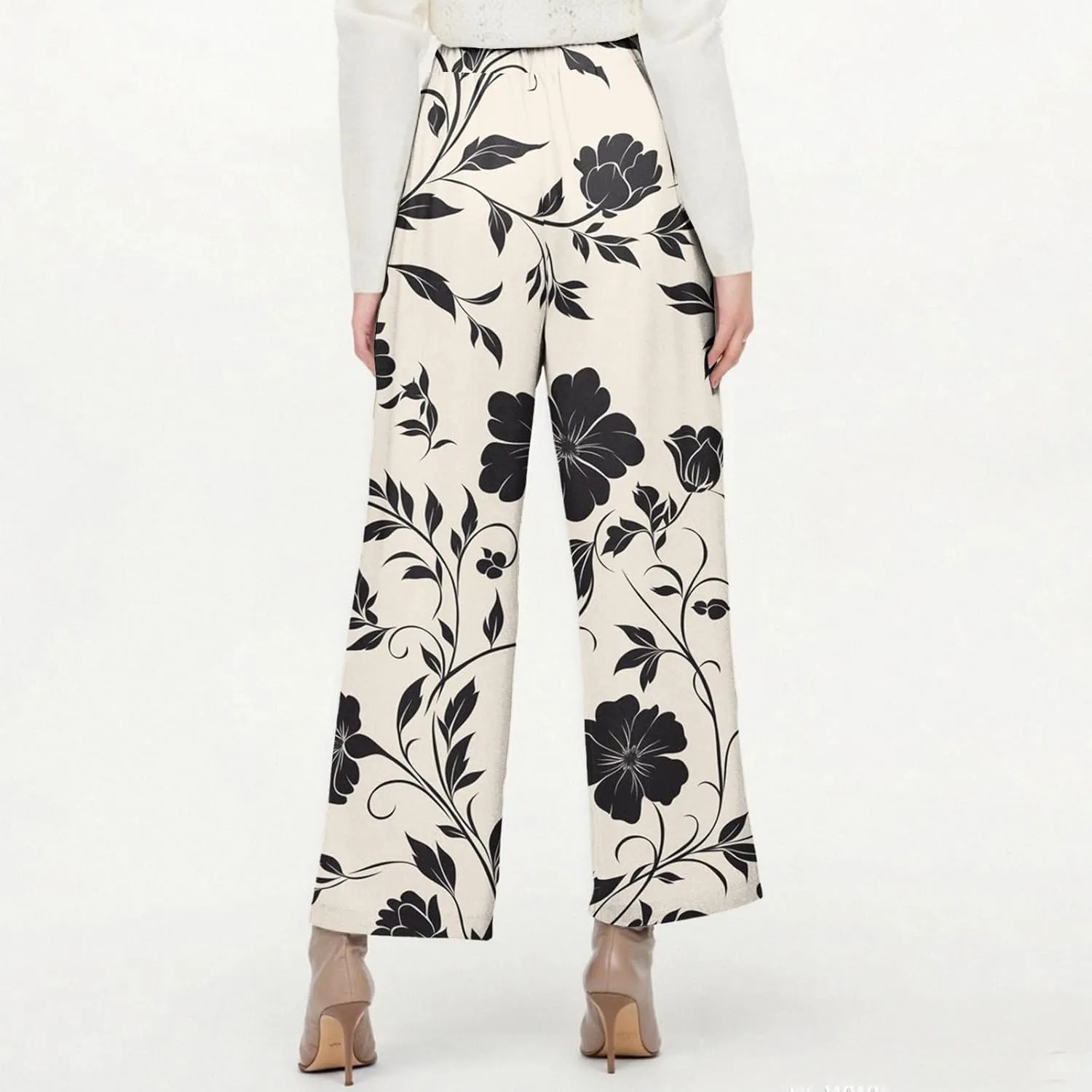 Womens Pants Casual Boho Floral Print Cotton Linen Pants Elastic Waisted Summer Beach Vacation Trouser with Pockets