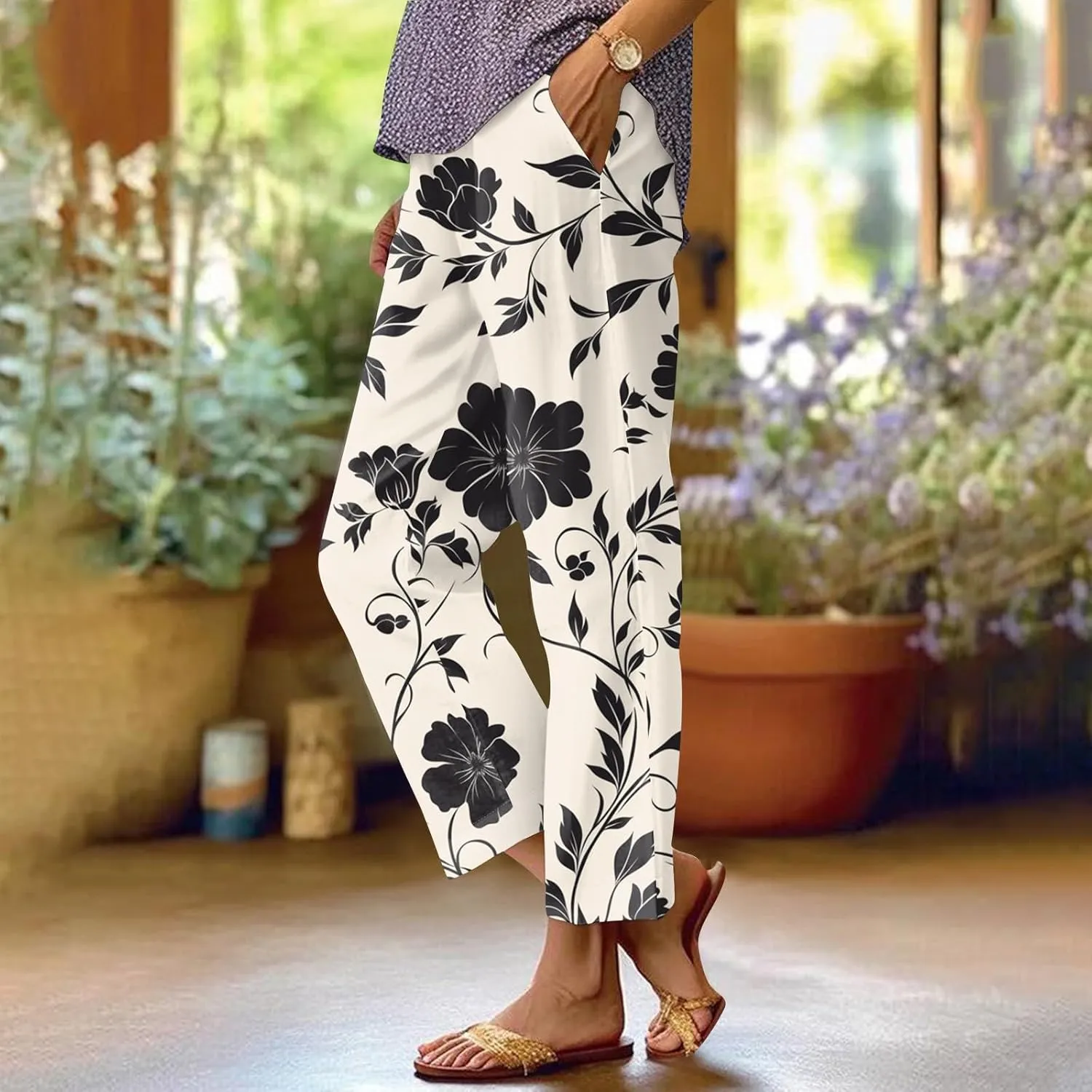 Womens Pants Casual Boho Floral Print Cotton Linen Pants Elastic Waisted Summer Beach Vacation Trouser with Pockets