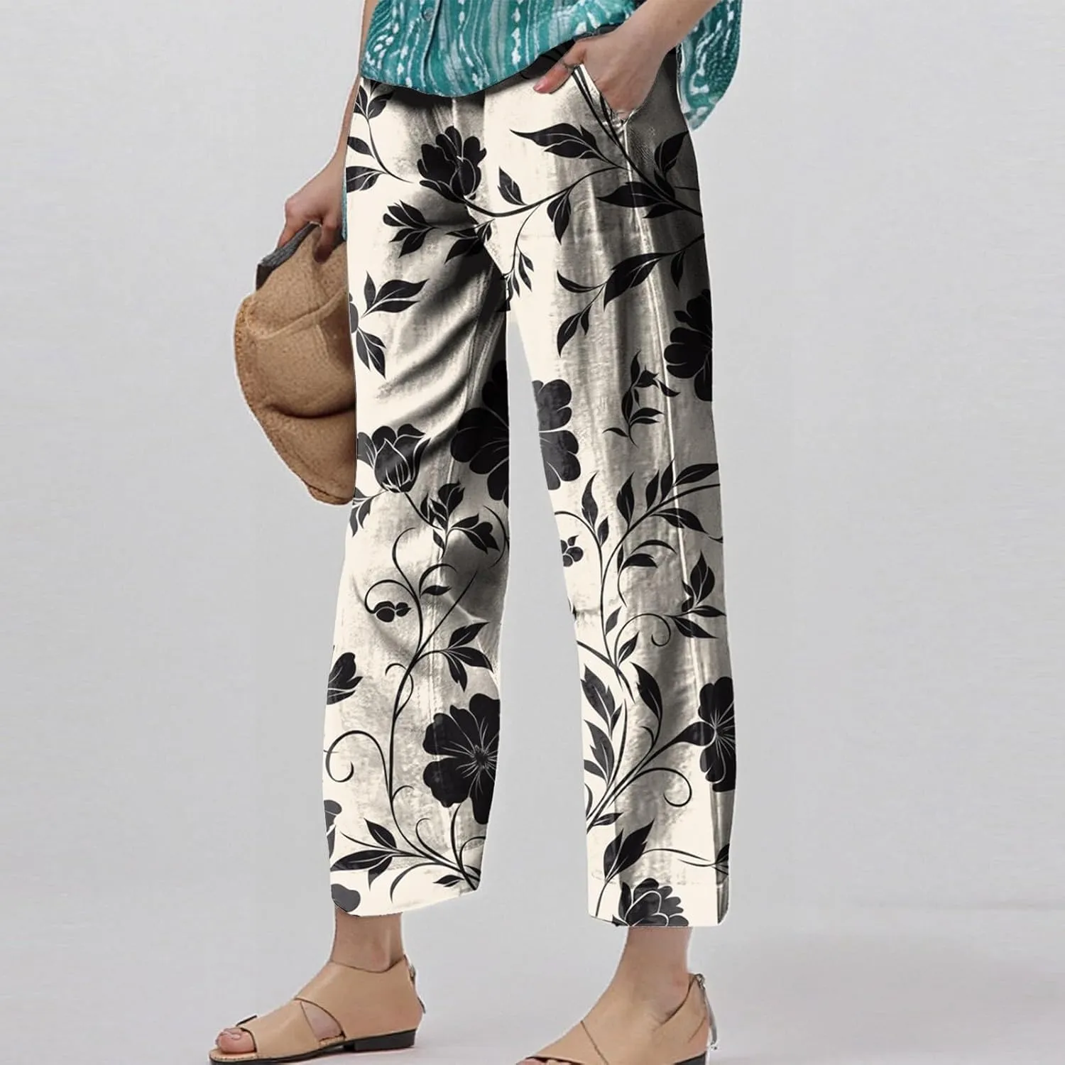 Womens Pants Casual Boho Floral Print Cotton Linen Pants Elastic Waisted Summer Beach Vacation Trouser with Pockets