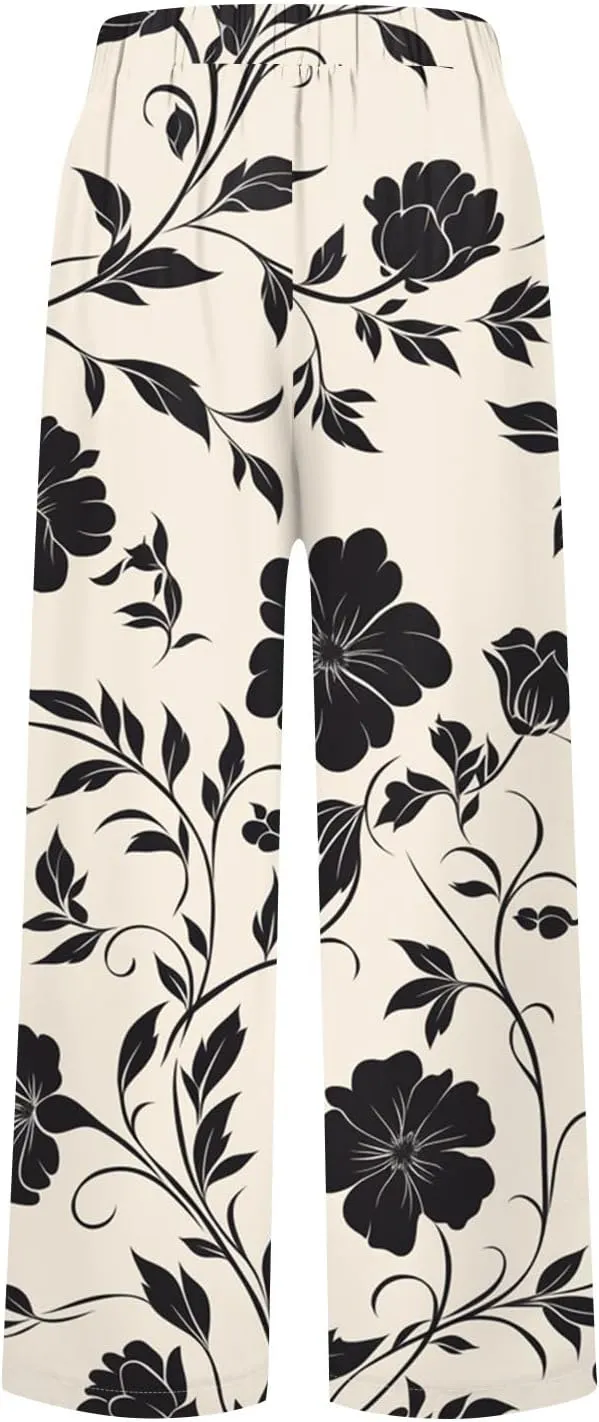 Womens Pants Casual Boho Floral Print Cotton Linen Pants Elastic Waisted Summer Beach Vacation Trouser with Pockets