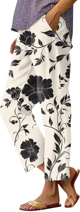 Womens Pants Casual Boho Floral Print Cotton Linen Pants Elastic Waisted Summer Beach Vacation Trouser with Pockets