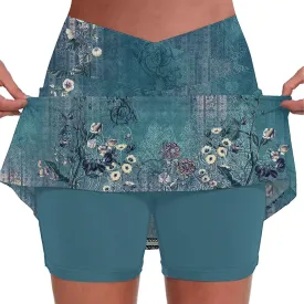 Womens Pleated Tennis Skirts Floral Printed Summer Skinny Pants Mid Waisted Activewear Skirt with Shorts Underneath