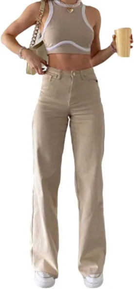 Women's Straight Leg Jeans High Waist Wide-Leg Jeans Side Pocket Vintage Baggy Denim Pants Streetwear