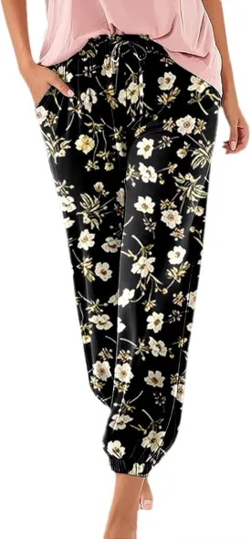 Womens Tapered Pants Boho Summer Lightweight Casual Drawstring Trousers High Waisted Elastic Beach Pants with Pockets