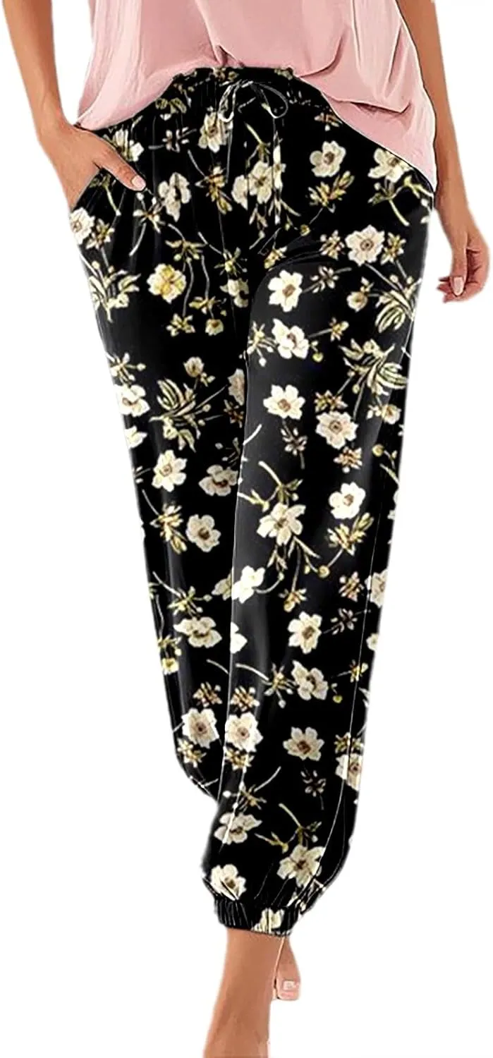 Womens Tapered Pants Boho Summer Lightweight Casual Drawstring Trousers High Waisted Elastic Beach Pants with Pockets