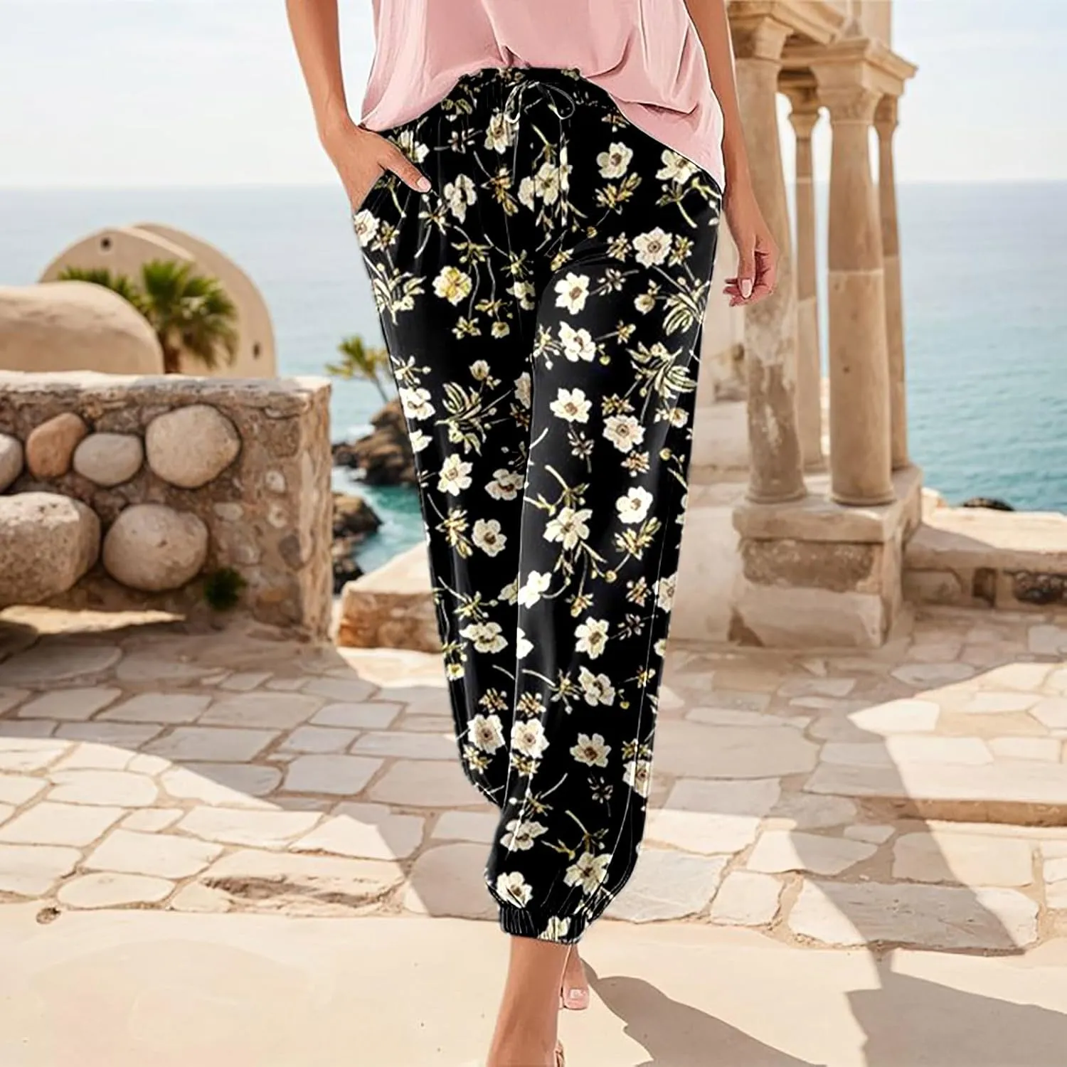Womens Tapered Pants Boho Summer Lightweight Casual Drawstring Trousers High Waisted Elastic Beach Pants with Pockets