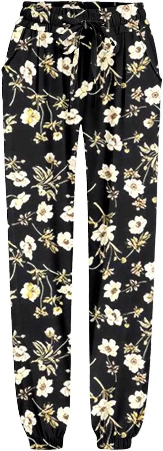 Womens Tapered Pants Boho Summer Lightweight Casual Drawstring Trousers High Waisted Elastic Beach Pants with Pockets