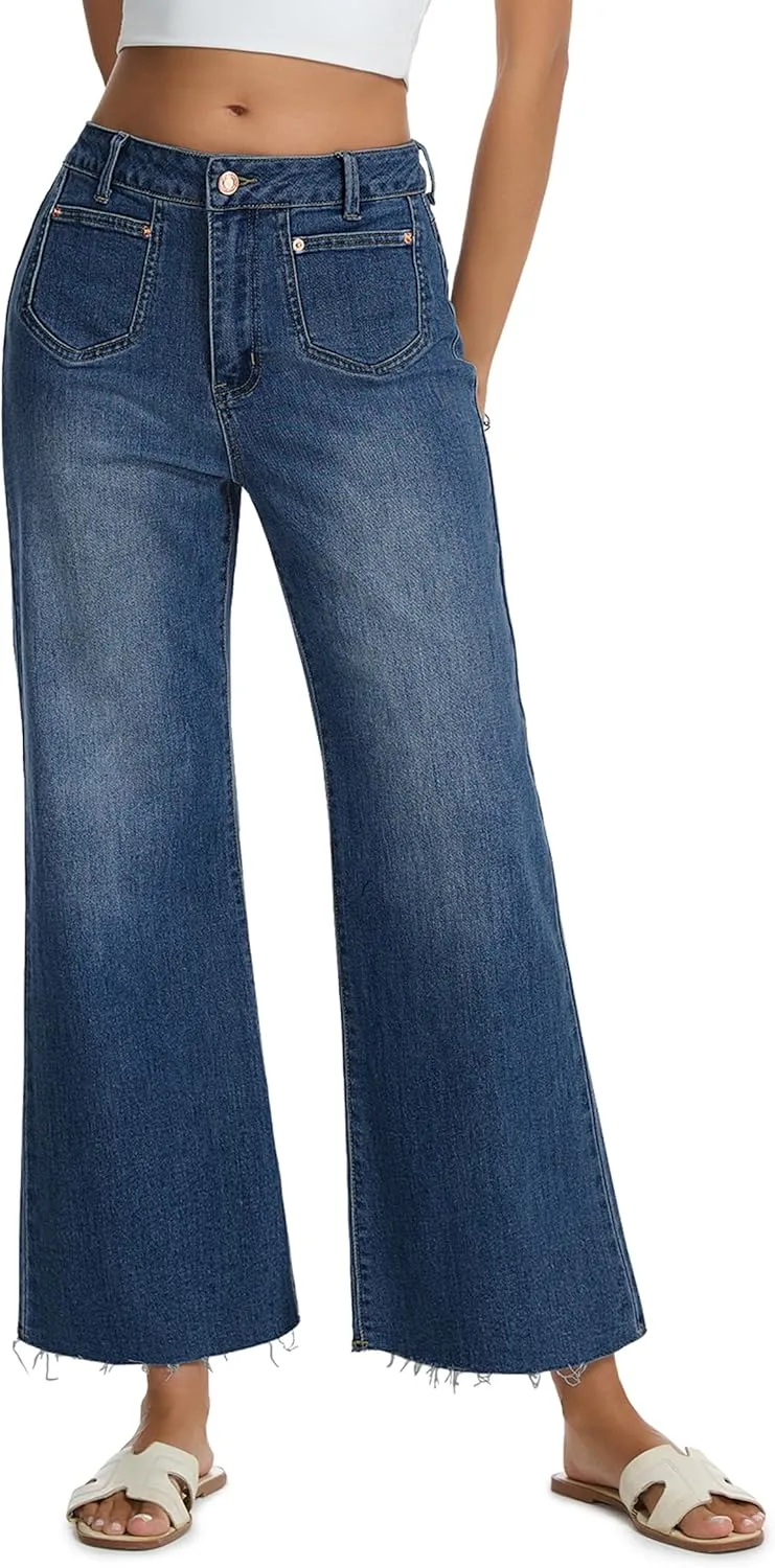 Womens Wide Leg Jeans High Waisted Baggy Jeans Stretchy Trendy Denim Pants with Pockets