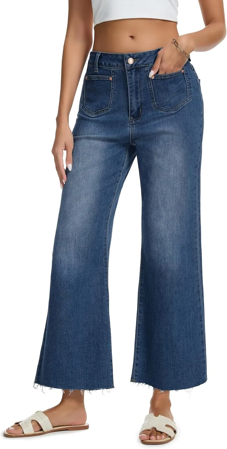 Womens Wide Leg Jeans High Waisted Baggy Jeans Stretchy Trendy Denim Pants with Pockets