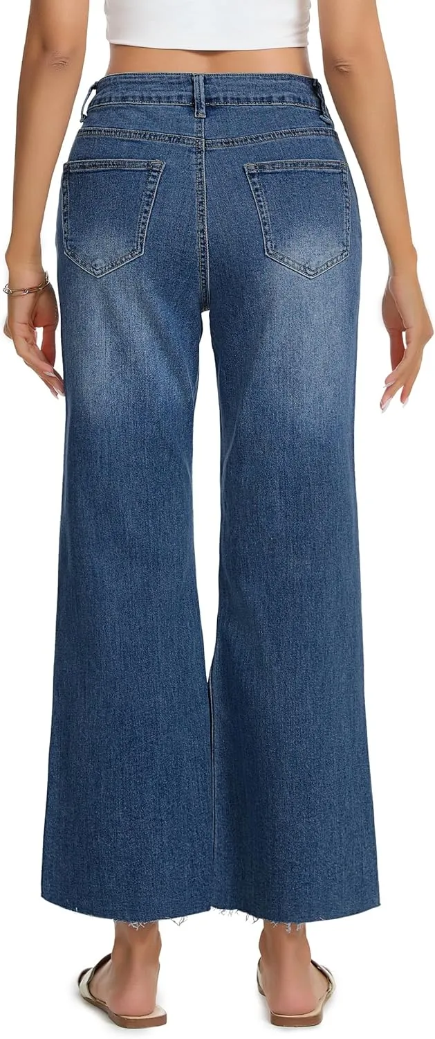 Womens Wide Leg Jeans High Waisted Baggy Jeans Stretchy Trendy Denim Pants with Pockets