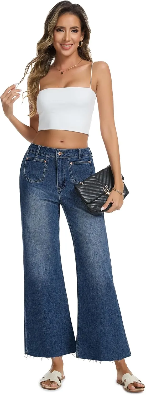 Womens Wide Leg Jeans High Waisted Baggy Jeans Stretchy Trendy Denim Pants with Pockets