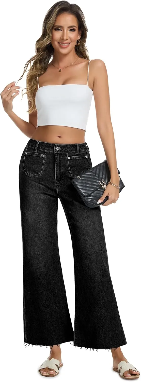 Womens Wide Leg Jeans High Waisted Baggy Jeans Stretchy Trendy Denim Pants with Pockets