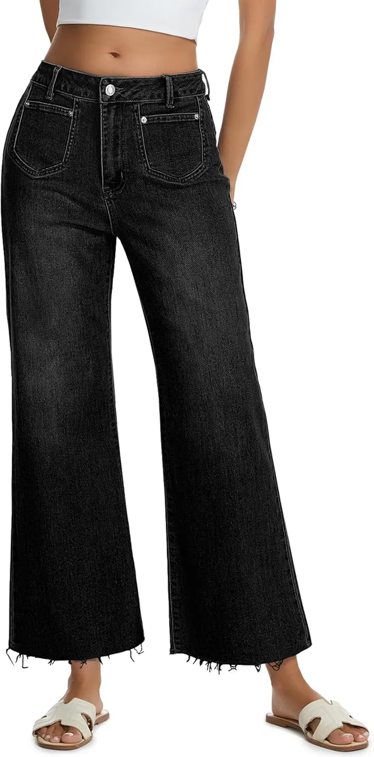 Womens Wide Leg Jeans High Waisted Baggy Jeans Stretchy Trendy Denim Pants with Pockets