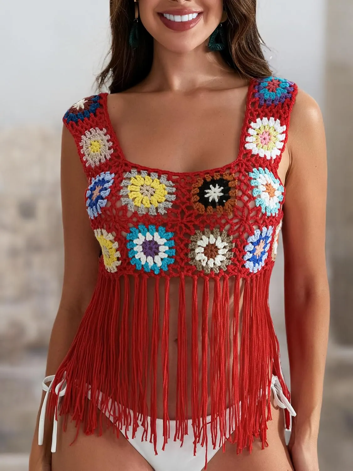 X-Small Size & Small Size Womens Crochet Tank Top Knit Colorful Floral Embroidery Summer Boho Camisole Hollow Out Top