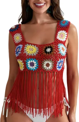X-Small Size & Small Size Womens Crochet Tank Top Knit Colorful Floral Embroidery Summer Boho Camisole Hollow Out Top